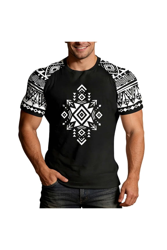 Mens Western Cowboy Summer Denim Print Short Sleeve Crew Neck Top Raglan Sleeves Country Concert Rodeo Dress Up