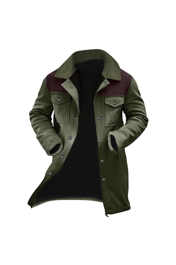 Mens Western Cowboy Vintage Jacket Plush Collar Coats Faux Leather Winter Long Jackets Zip Up Casual Retro Tops (Army Green,M)
