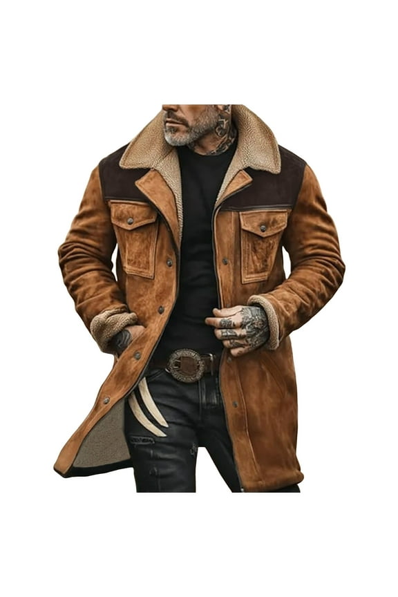 Mens Western Cowboy Vintage Suede Jacket Plush Collar Coats Faux Leather Winter Long Jackets Men Zip Up Casual Retro Tops Fashion Casual