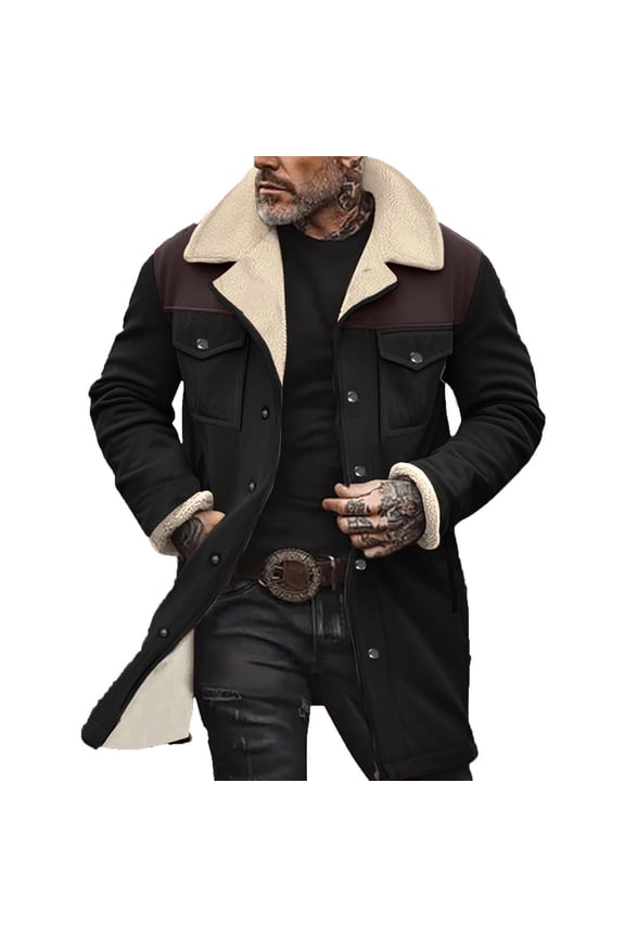 Mens Western Cowboy Vintage Suede Jacket Plush Collar Coats Faux Leather Winter Warm Button Up Long Trench Coat