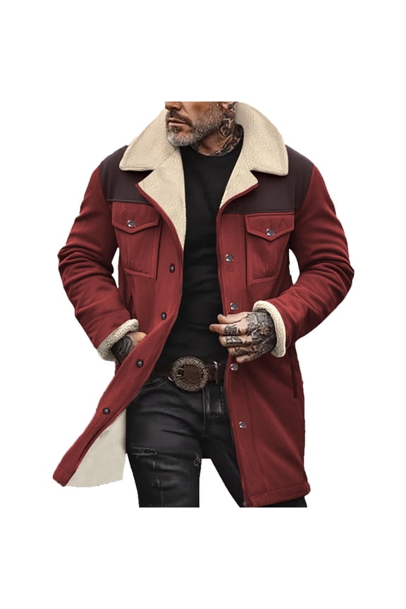 Mens Western Cowboy Vintage Suede Jacket Plush Collar Coats Faux Leather Winter Warm Button Up Long Trench Coat