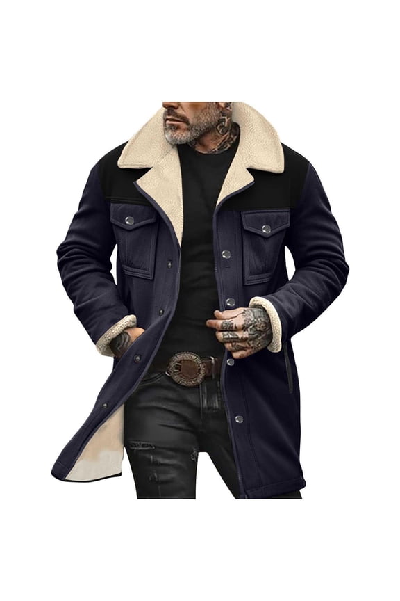 Mens Western Cowboy Vintage Suede Jacket Plush Collar Coats Faux Leather Winter Warm Button Up Long Trench Coat