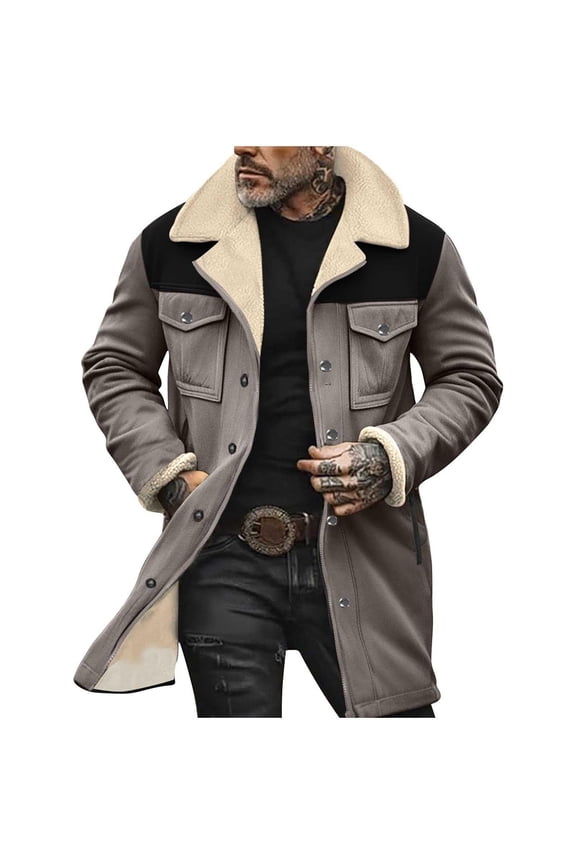 Mens Western Cowboy Vintage Suede Jacket Plush Collar Coats Faux Leather Winter Warm Button Up Long Trench Coat