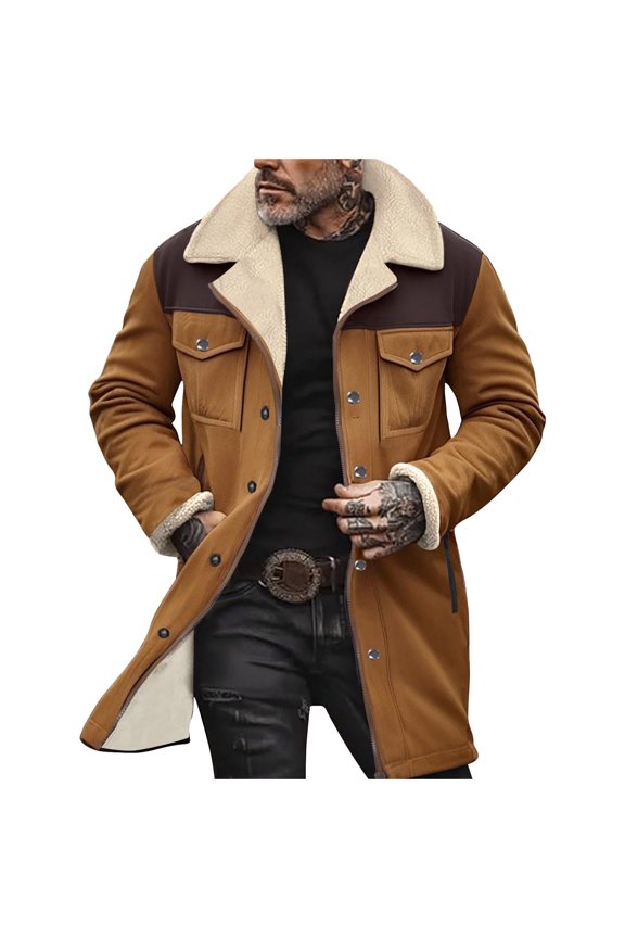 Mens Western Cowboy Vintage Suede Jacket Plush Collar Coats Faux Leather Winter Warm Button Up Long Trench Coat
