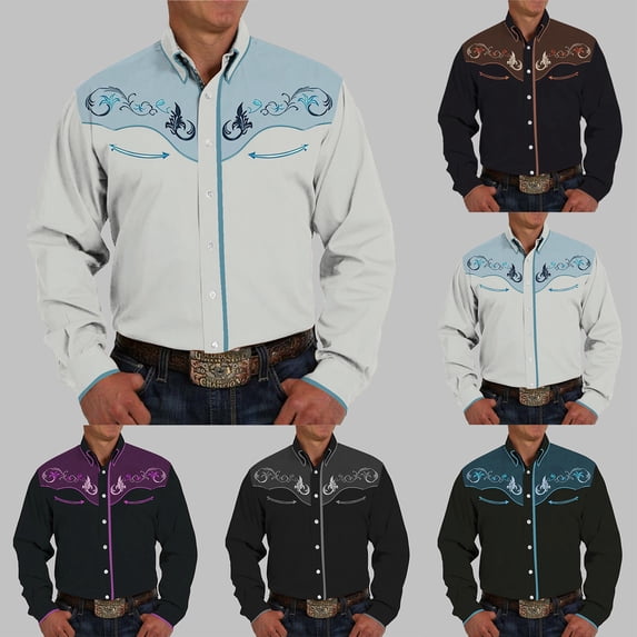 Mens Western Embroidered Cowboy Shirts Button Down Long Sleeve Shirt Spring Fall Casual Gold XL