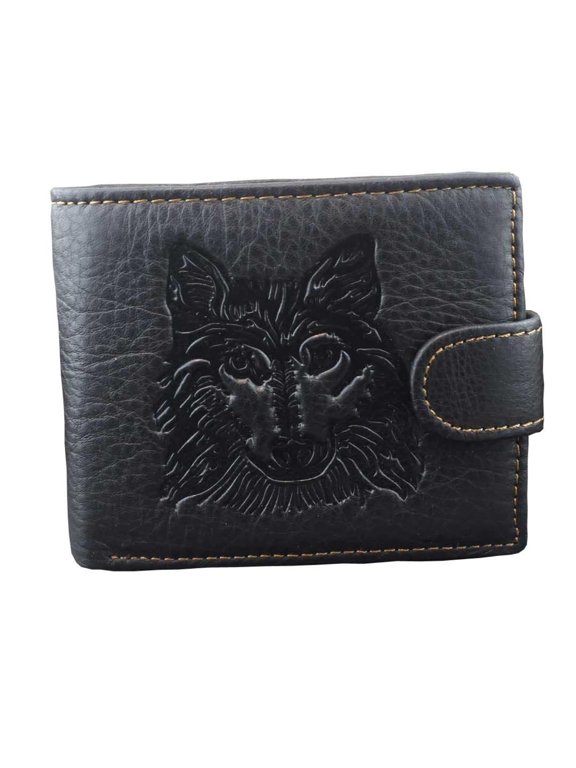 Mens Western Genuine Leather Wolf Head Snap Card Money Coins Wallet Black L62