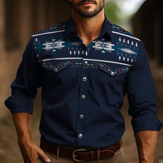 Mens Western Printed Button Down Shirts Vintage Cowboy Long Sleeve Craphic Shirts Slim Fit Casual Work Shirts Navy L