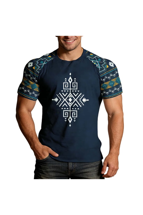 Mens Western Shirt Fashion Aztec Print Short Sleeve Button Neck Tops Fall Winter Warm Tribal Print Camo Shirt Navy XL