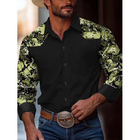 Mens Western Shirt Patchwork Long Sleeve Button Down Shirt Fall Spring Classic Casual Top Black L