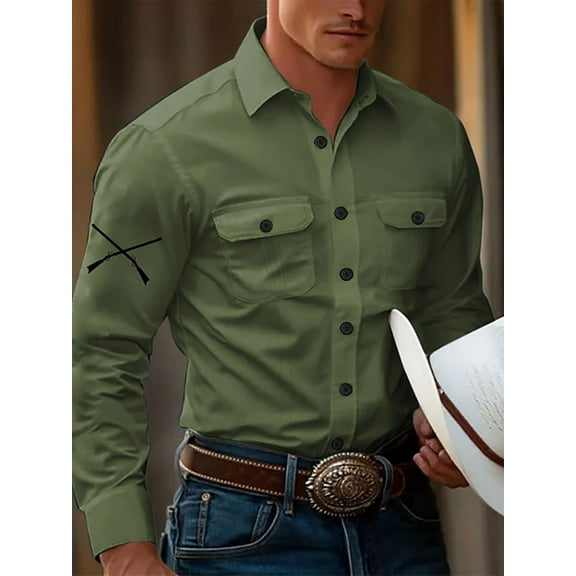 Mens Western Shirts Cowboy Button Up Shirts Long Sleeve Work Shirts for Men with 2 Pockets Green M