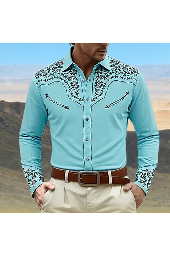 Mens Western Shirts Cowboy Slim Fit Spring Fall Tops Long Sleeve Button Down Shirts Sky Blue S