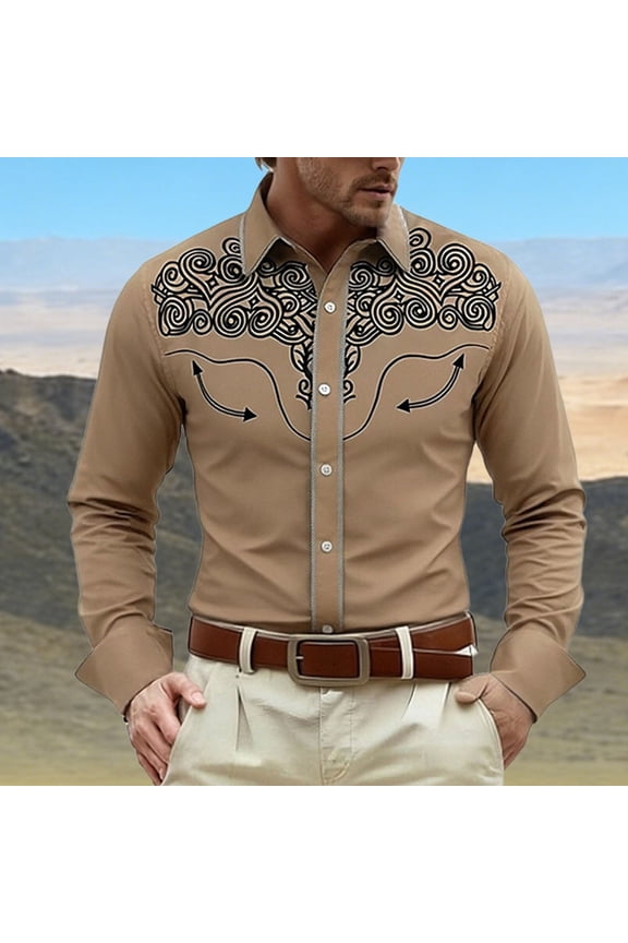 Mens Western Shirts Long Sleeve Button Down Shirts Cowboy Slim Fit Spring Fall Tops Khaki M