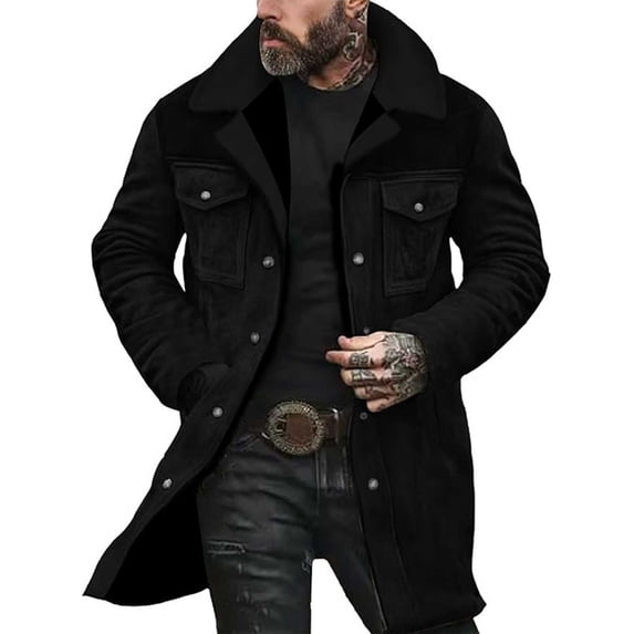 Mens Western Vintage Suede Jacket Lapel Collar Coats Winter Warm Long Jackets Man Zip up Casual Patchwork Outwear Tops Black S