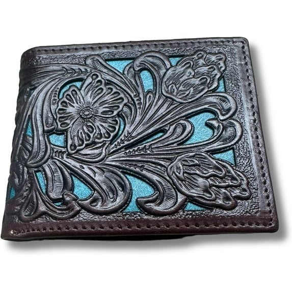 Mens Western Wallet Floral Cutout Layered Leather Coffee Teal Soft Leather Checkbook Style Cowboy Hand Crafted High End Mens Wallets Leather Bull Rider Rodeo