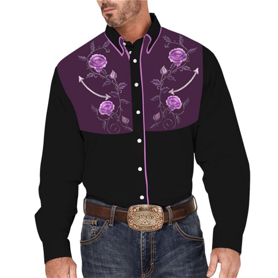 Mens Westren Cowboy Shirts Floral Embroidered Long Sleeve Button Down Shirts Country Spring Fall Purple XXXL
