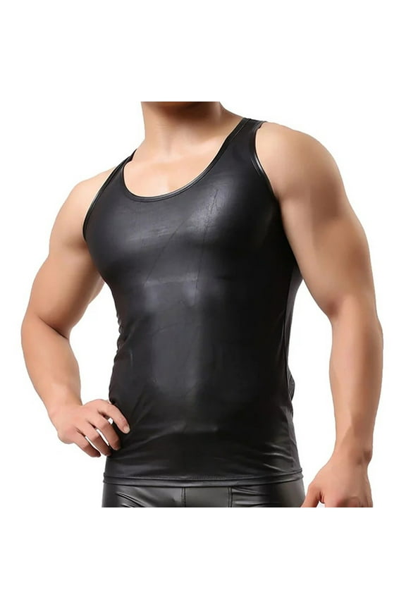 Mens Wet Look Faux Leather Undershirt Tank Tops Vest Sleeveless T-Shirt Crop Top