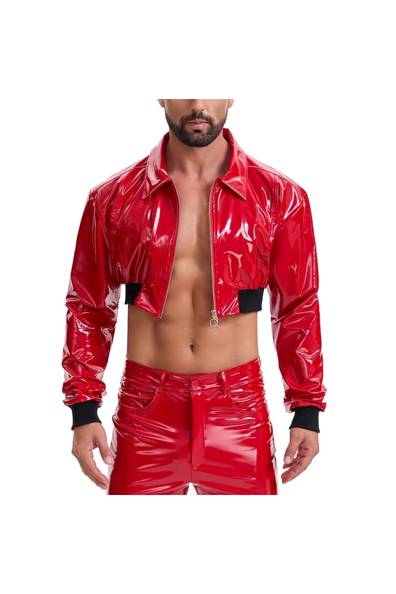 Mens Wetlook Leather Cropped Black Jacket Zip Up Lapel Short Club Coat