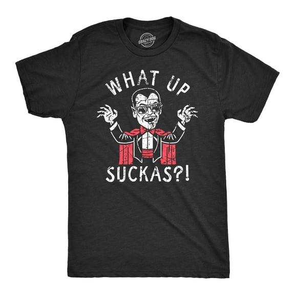 Mens What Up Suckas T Shirt Funny Spooky Halloween Party Vampire Tee For Guys Graphic Tees