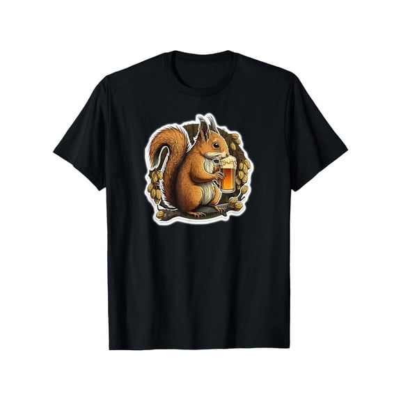 Mens Whimsical Squirrel Holding Beer Mug With Nut Decor Graphic Tees Print T - shirts Short Sleeve Casual Tops Shirts