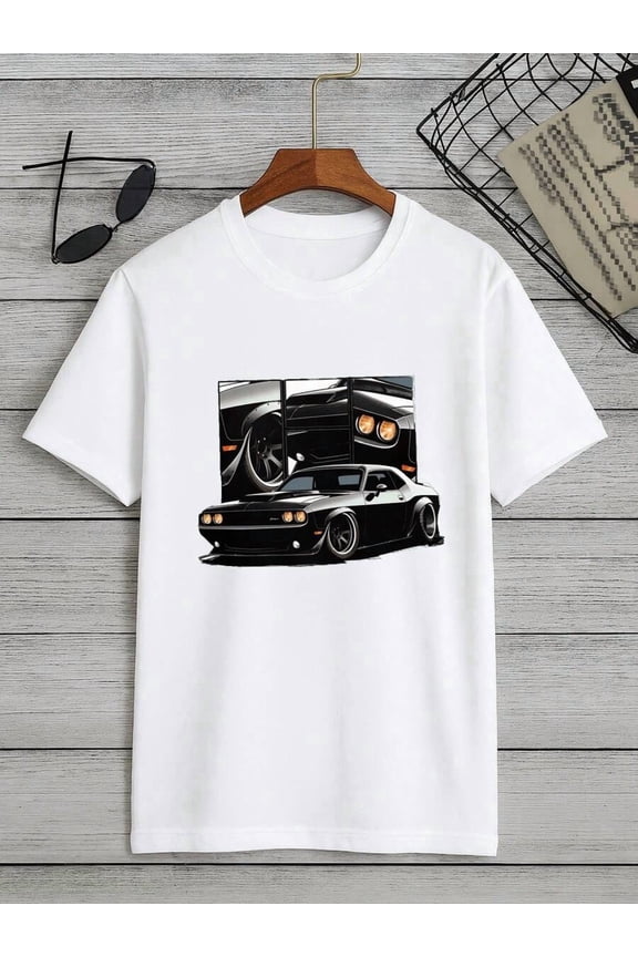 Mens White 100% Cotton Graphic T-Shirt Featuring American Muscle Car Challenger Design
