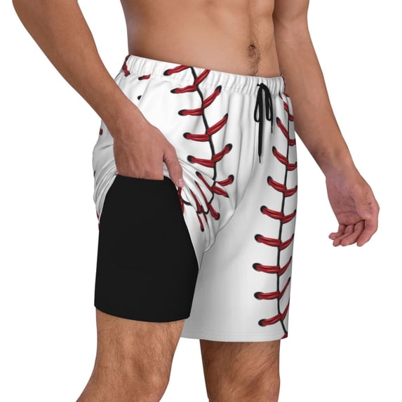 Mens White Baseball Swimming Trunks with Compression Liner Beach Quick Dry Swim Shorts