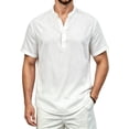 thumbnail image 1 of Mens White Cotton Linen Henley Shirts Casual Summer Beach Short Sleeve Hippie T-Shirt Vacation Party, 1 of 7