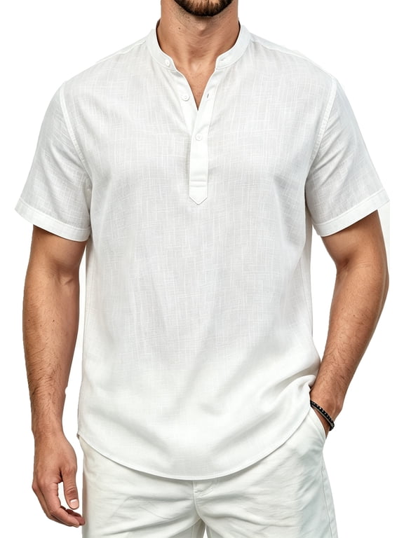 Mens White Cotton Linen Henley Shirts Casual Summer Beach Short Sleeve Hippie T-Shirt Vacation Party