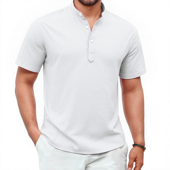 Mens Cotton Linen Henley Shirt Short Sleeve Casual Summer Beach Hippie Tee for Vacation