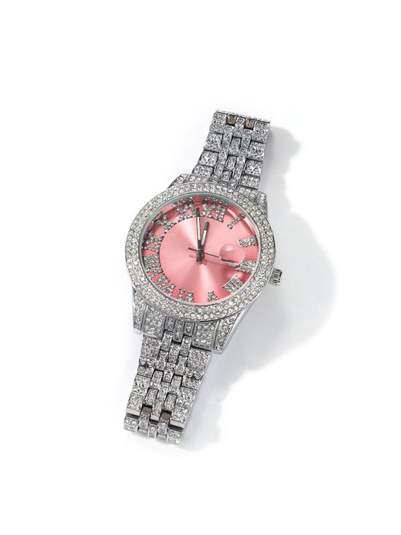 Mens White Gold Finish Simulated Diamond Bling Stainless Steel Iced Out Hip Hop Roman Numeral Custom Luxury Waterproof Quartz Watch 42mm