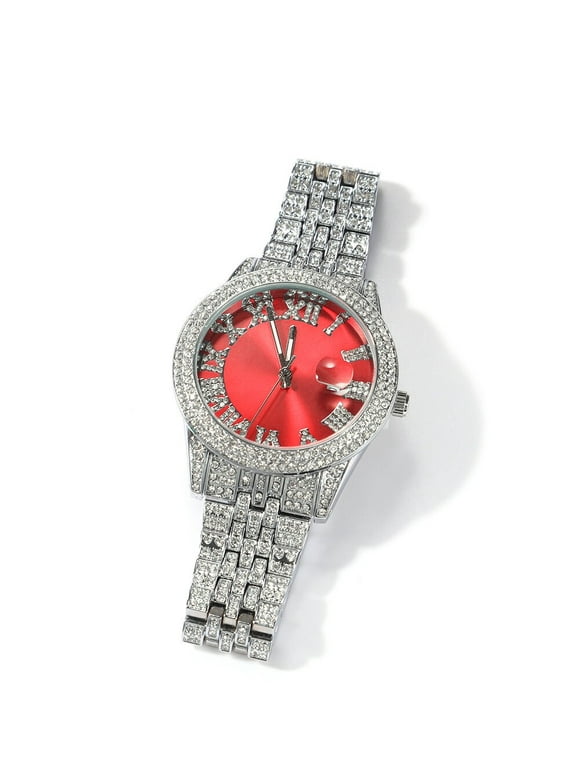 Mens White Gold Finish Simulated Diamond Bling Stainless Steel Iced Out Hip Hop Roman Numeral Custom Luxury Waterproof Quartz Watch 42mm
