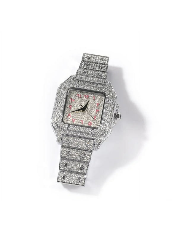 Mens White Gold Finish Simulated Diamond Stainless Steel Iced Out Hip Hop Arabic Numeral Custom Square Waterproof Luxury Quartz Watch 35mm