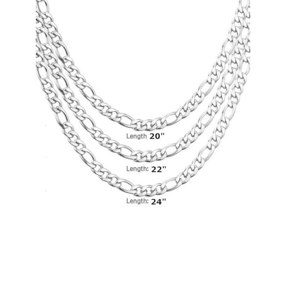 Mens White Gold Plated Stainless Steel Figaro Chain Necklace 7mm