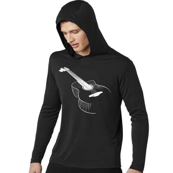 Mens "White Guitar Sketch" Light Hoodie Tee - Black, Extra Small