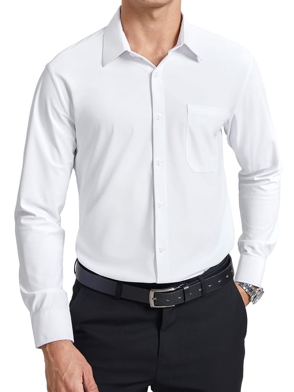 Mens White Long Sleeve Dress Shirts Stretch Business Shirt Button Down Wrinkle Free Formal Shirts