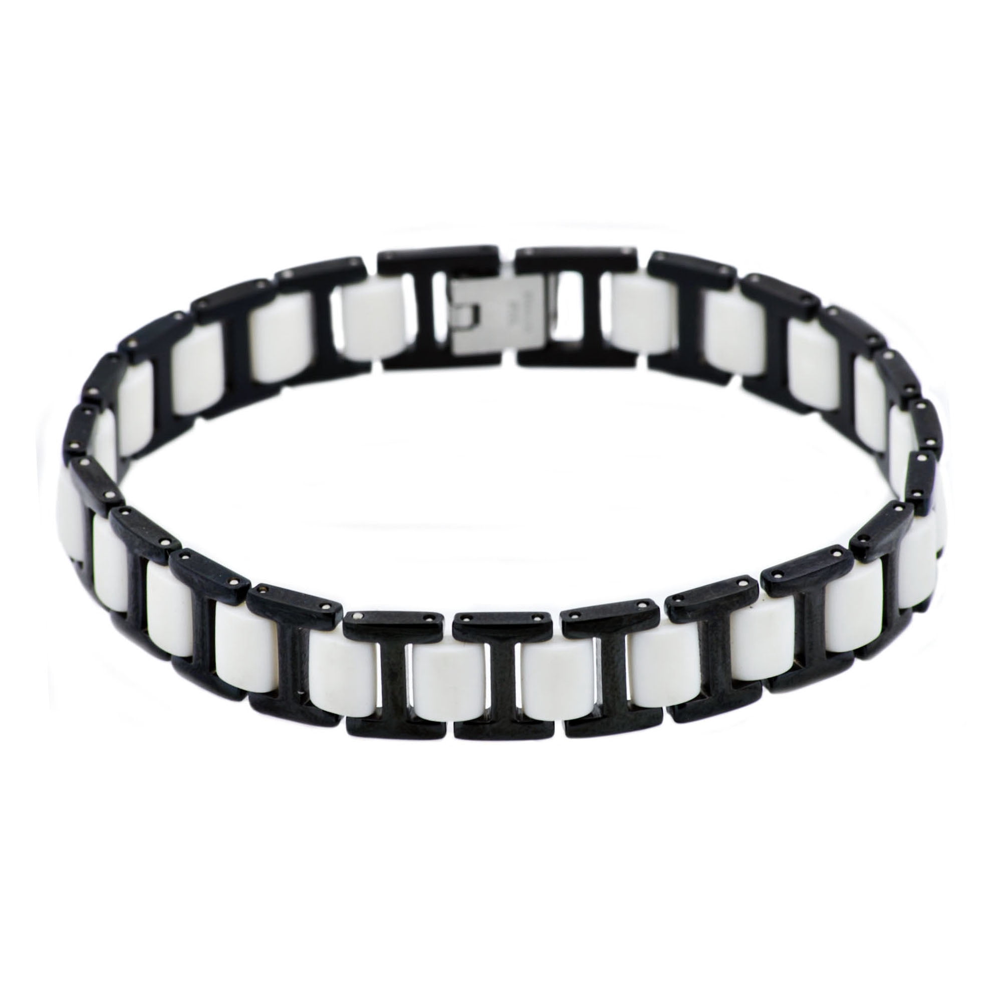 Mens White Rubber And Black Plated Stainless Steel Bracelet