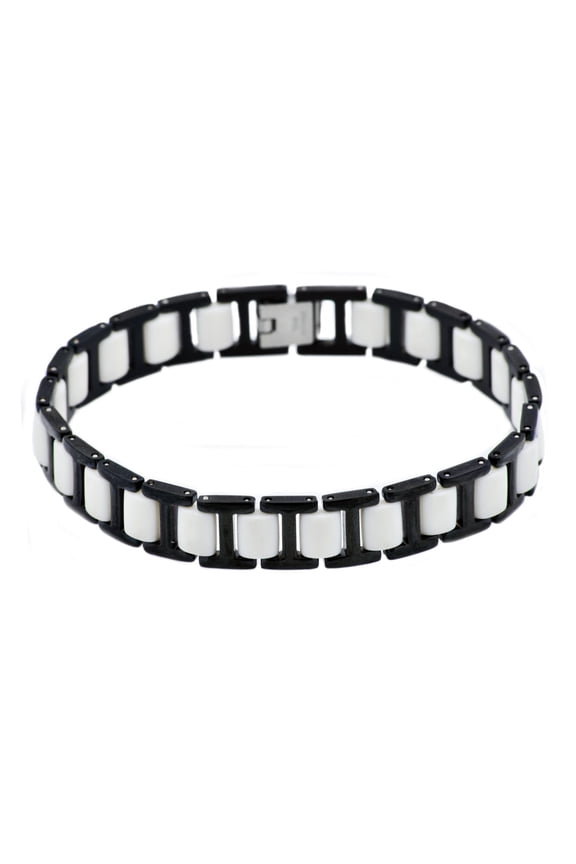 Mens White Rubber And Black Plated Stainless Steel Bracelet