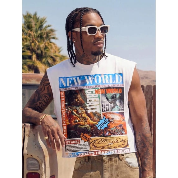 Mens White Streetwear Loose Boxer Muscle Tank Top With Graphic Newspaper Print Summer Casual