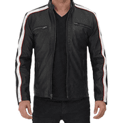 Mens White Striped Black Café Racer Leather Jacket