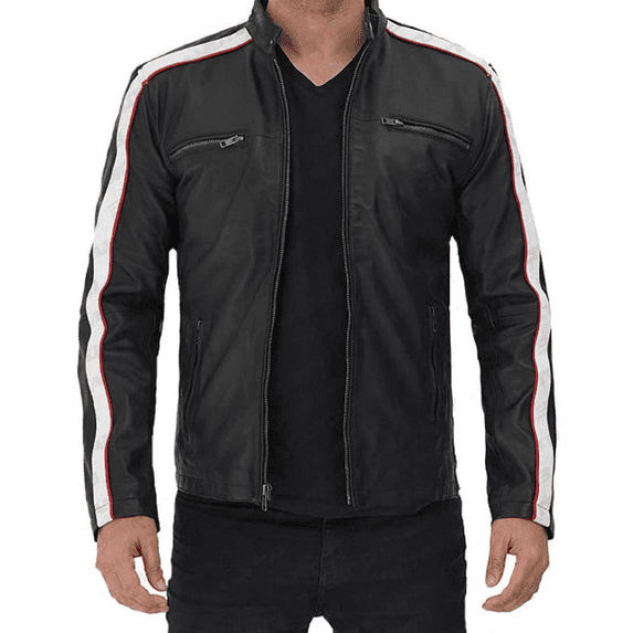 Mens White Striped Black Café Racer Leather Jacket