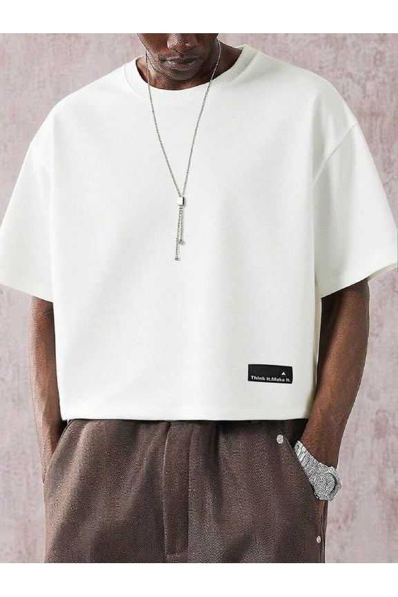 Mens White Textured Crew Neck Short Sleeve Casual Crop T-Shirt