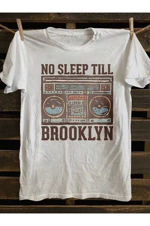 Mens White Vintage Punk Rock Graphic T-Shirt NO SLEEP TILL BROOKLYN Retro Boombox Design Soft Cotton Casual Tee