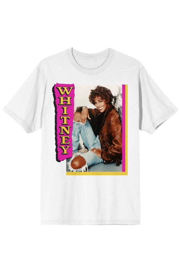 Mens Whitney Houston 90s Photo Screen Print White Graphic Tee Shirt-X-Large