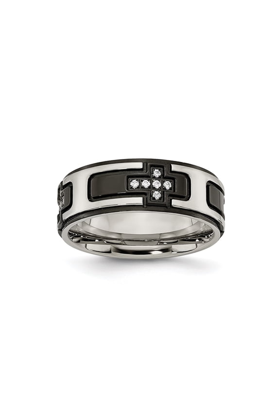 Mens Wide Band Ring Stainless Steel with Black Enamel Inlay Cubic Zirconia Cross Modern Geometric Design Bold Structured Style Statement Jewelry for Everyday or Special Occasion Wear