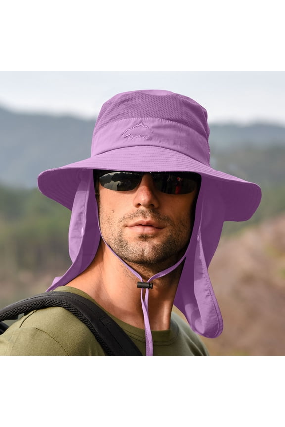 Mens Wide Brim Sun Hat with Neck Flap Fishing Safari Cap for Hiking Camping Gardening Field Work(Purple B)