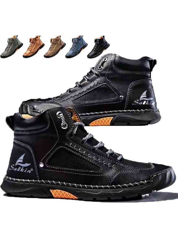 Mens Wide Leather Shoes for Hiking Working, Saw behind Men's Comfortable Handmade Boots–Waterproof, Arch Support, Spacious Toe Box, Non-Slip,Lightweight Breathable Outdoor Walking