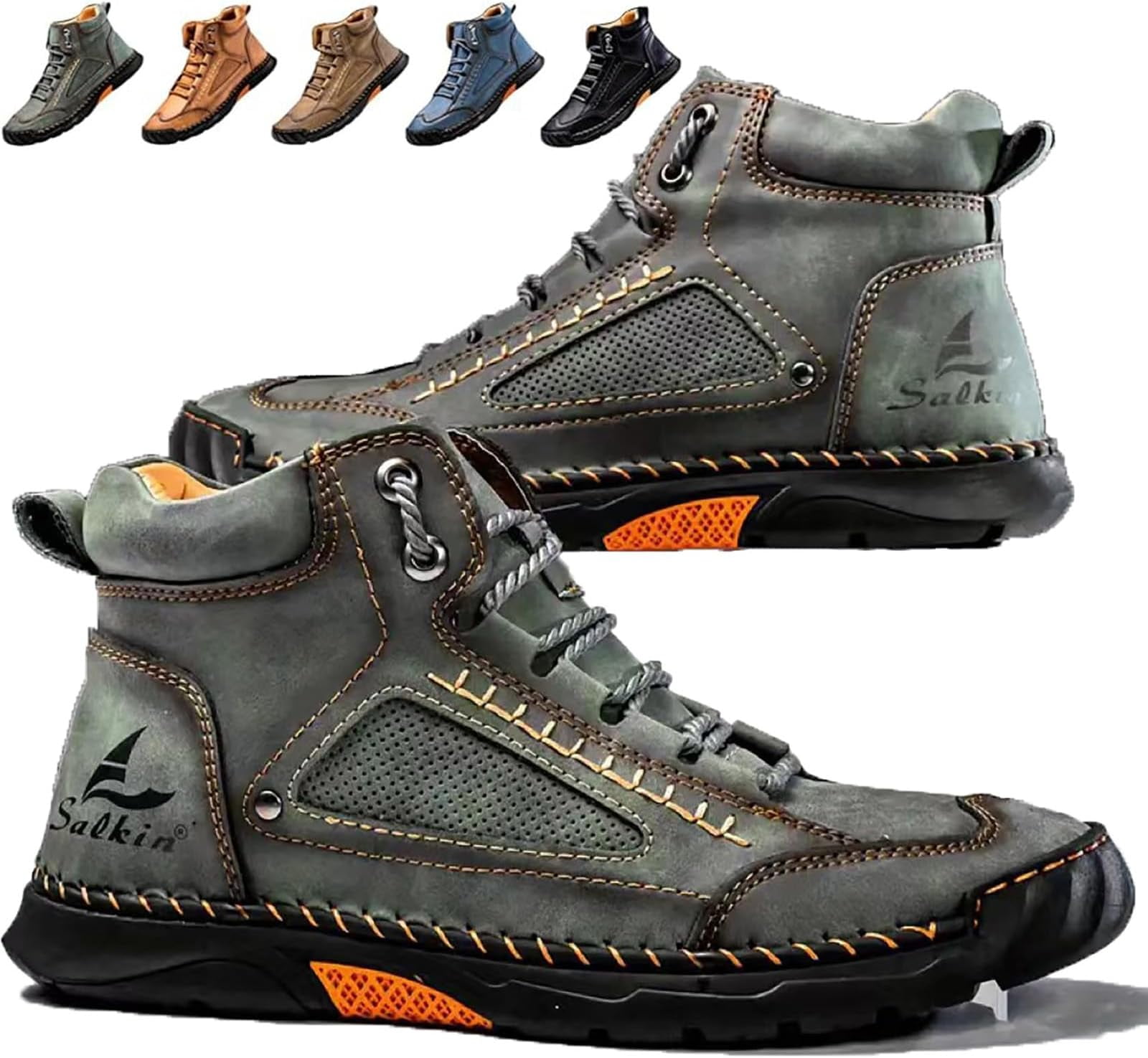Mens Wide Leather Shoes for Hiking Working, Saw behind Men's Comfortable Handmade Boots–Waterproof, Arch Support, Spacious Toe Box, Non-Slip,Lightweight Breathable Outdoor Walking