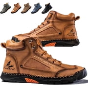 Mens Wide Leather Shoes for Hiking Working, Saw behind Mens Comfortable Handmade Boots Waterproof, Arch Support, Spacious Toe Box, Non-Slip,Lightweight Breathable Outdoor Walking