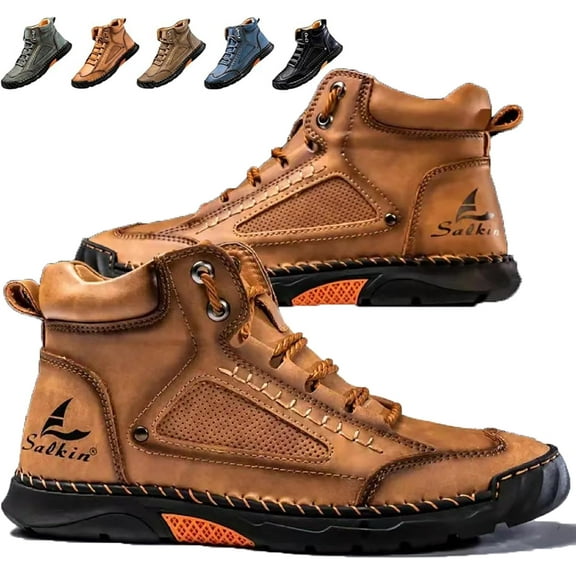 Mens Wide Leather Shoes for Hiking Working, Saw behind Men's Comfortable Handmade Boots–Waterproof, Arch Support, Spacious Toe Box, Non-Slip,Lightweight Breathable Outdoor Walking