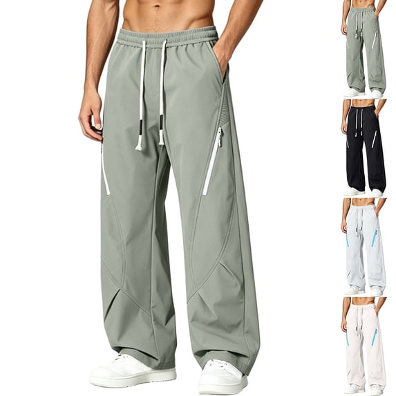 Mens Wide Leg Baggy Hiking Pants, Elastic Drawstring Waist Ruched Loose Fit Long Trousers Side Zipper Pockets Lightweight Outdoor Walking Fishing Casual Pants Size 4XL Army Green