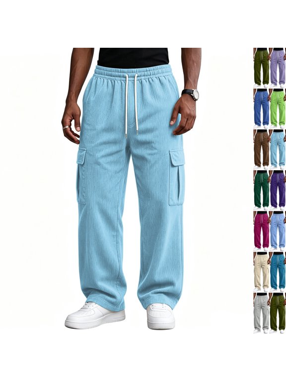 Mens Wide Leg Baggy Sweatpants High Waist Casual Joggers Pants | Drawstring Elastic Waist, Casual Lounge Pants, Fashion Streetwear, Cargo Pants, Side Pocket Light Blue M